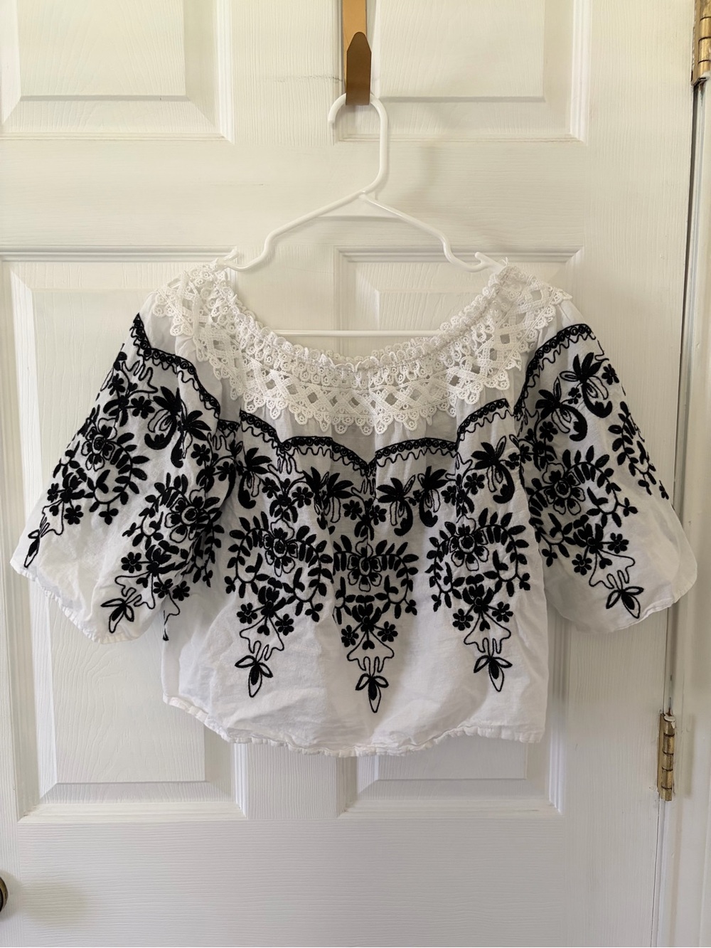 Flying Tomato White Lace-Trim Off-Shoulder Top with Black Embroidery